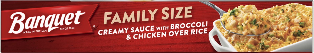 slide 2 of 9, Banquet Family Size Creamy Sauce with Broccoli and Chicken Over Rice, Frozen Meal, 28 OZ, 28 oz