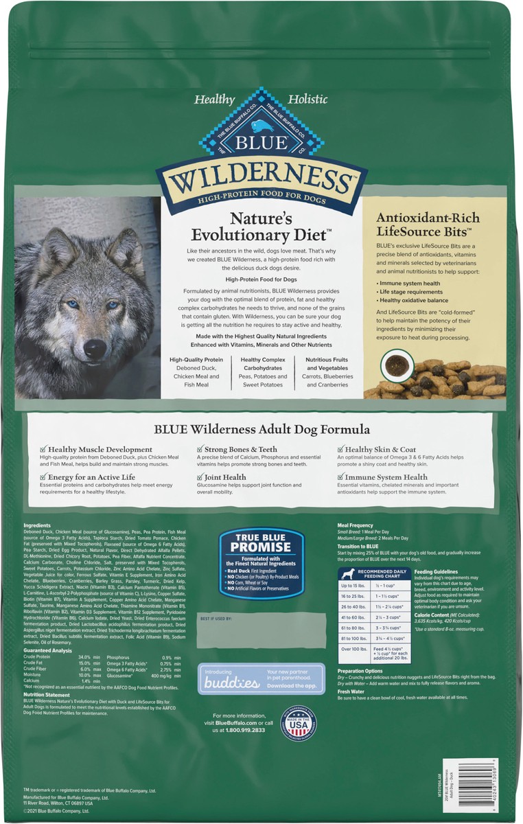 slide 12 of 12, Blue Buffalo Wilderness High Protein, Natural Adult Dry Dog Food, Duck 20-lb, 20 lb