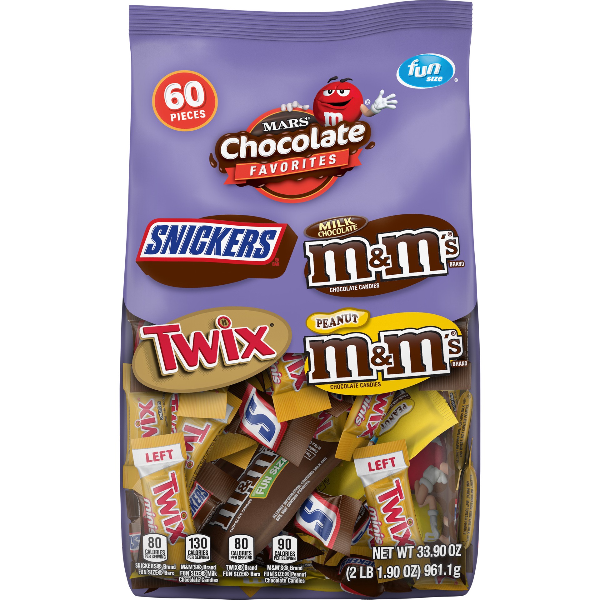 slide 1 of 5, Mixed M&M'S Original & Peanut, SNICKERS & TWIX Variety Pack Fun Size Chocolate Candy Bars Assortment, 33.9 oz, 60 Pieces, 33.9 oz