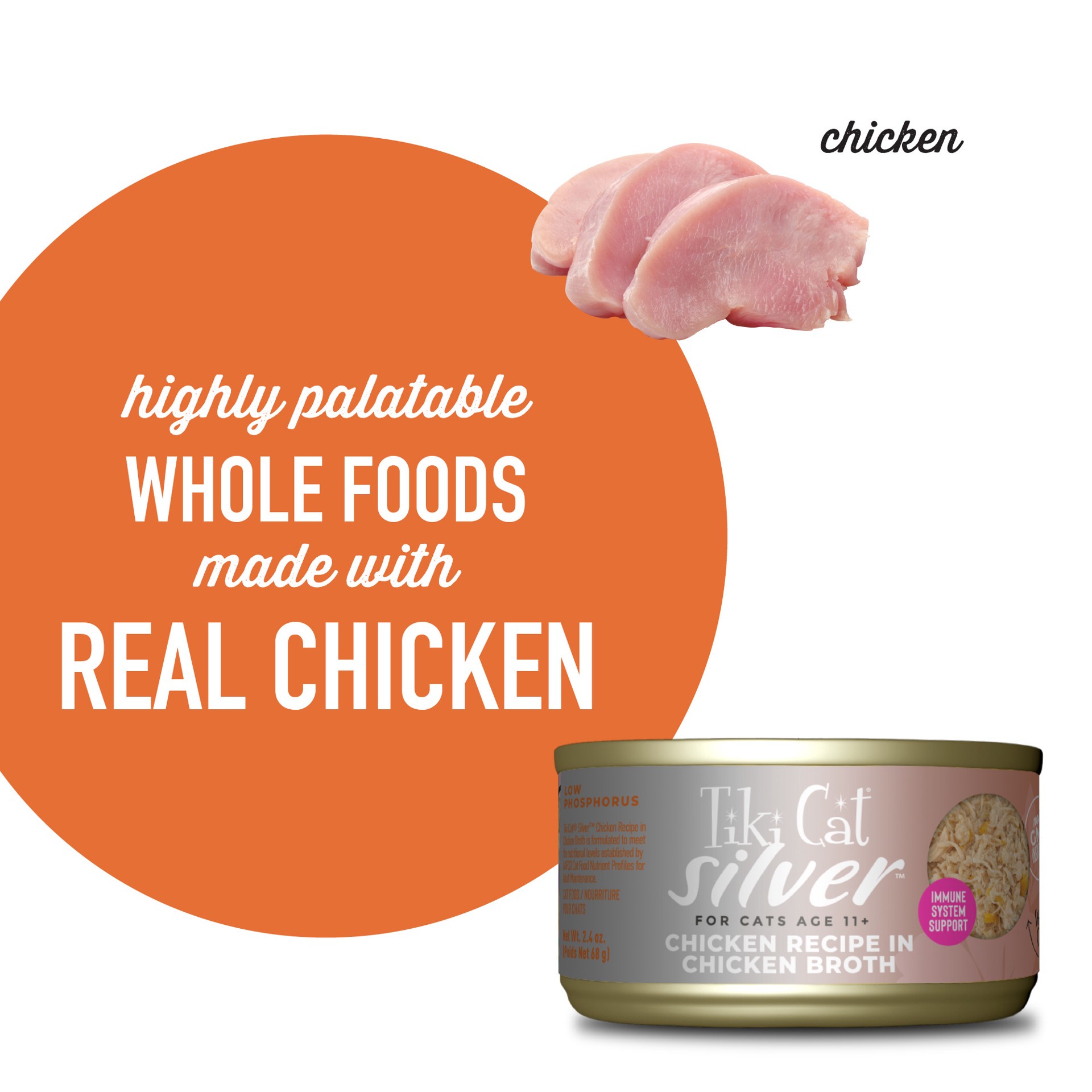 slide 3 of 7, Tiki Cat Silver Wet Cat Food for Seniors, Chicken Whole Foods, 2.4 oz. Can, 2.4 oz