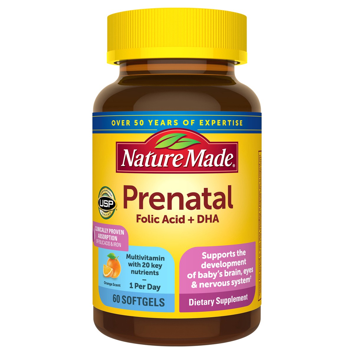 slide 1 of 9, Nature Made Prenatal with Folic Acid + DHA Softgels, 60 Count, 60 ct