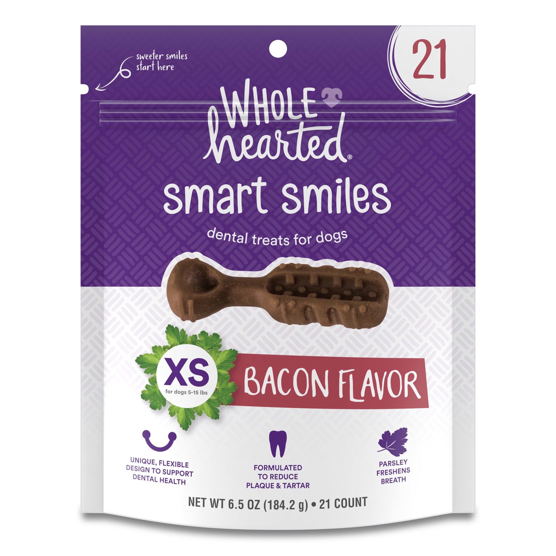 slide 1 of 1, Wholehearted Smart Smiles Bacon Flavor X-Small Dog Dental Treats 6.5 oz. Count of 21, 1 ct
