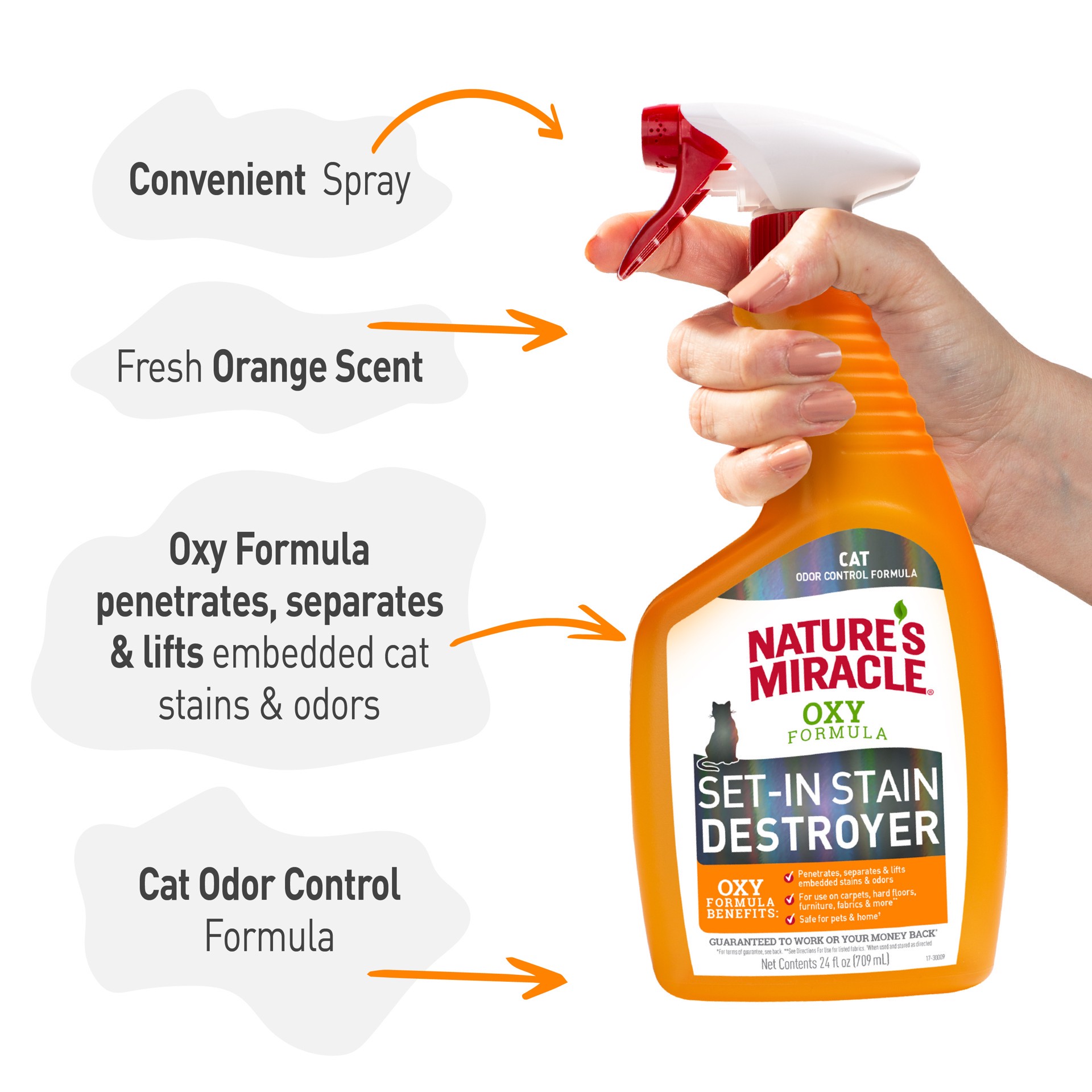 slide 6 of 8, Nature's Miracle Orange-Oxy Power Just for Cats Stain & Odor Remover, 24 oz., 1.67 lb
