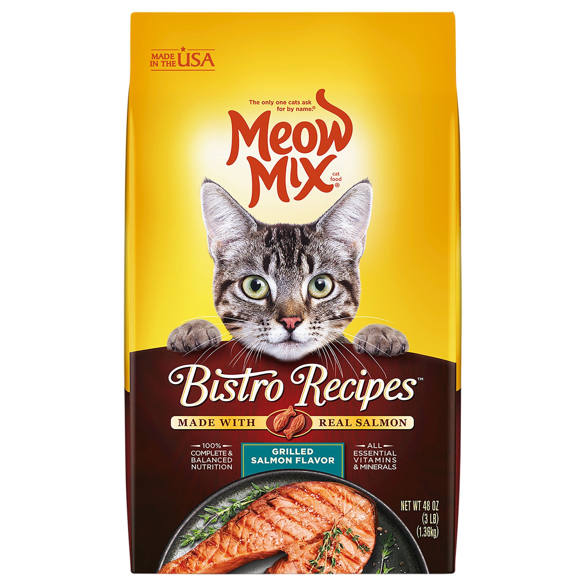 slide 1 of 6, Meow Mix Bistro Recipes Grilled Salmon Flavor Cat Food, 3-Pound, 3 lb