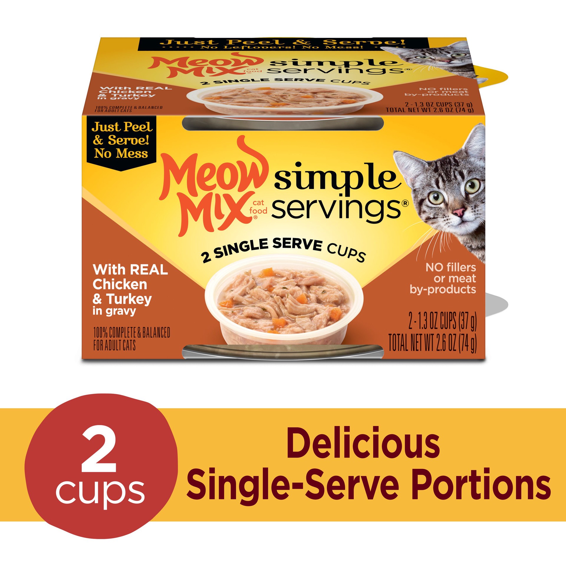 slide 9 of 9, Meow Mix Simple Servings Wet Cat Food with REAL Chicken & Turkey in Gravy, 1.3oz Cups, 2 ct., 2.6 oz