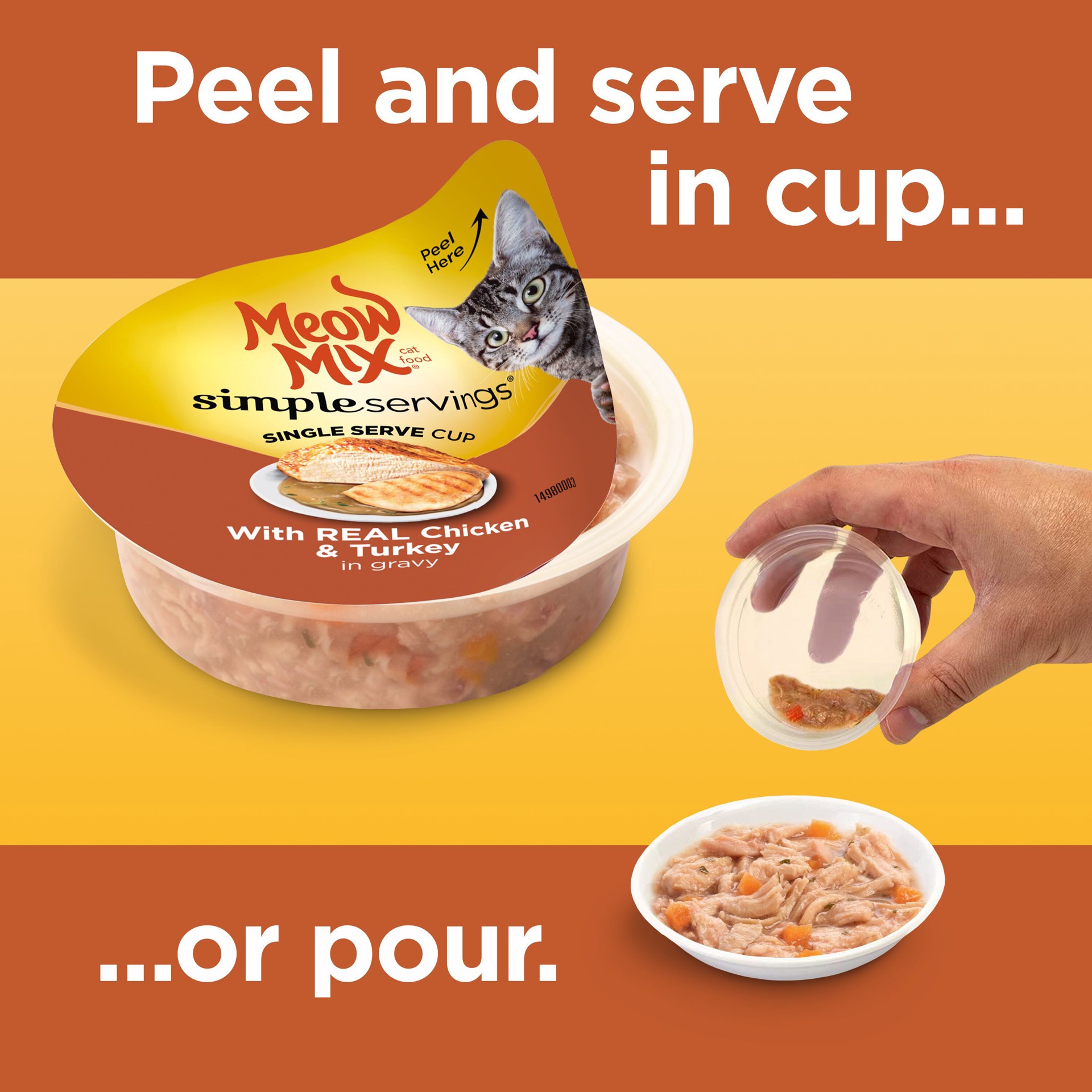 slide 2 of 9, Meow Mix Simple Servings Wet Cat Food with REAL Chicken & Turkey in Gravy, 1.3oz Cups, 2 ct., 2.6 oz