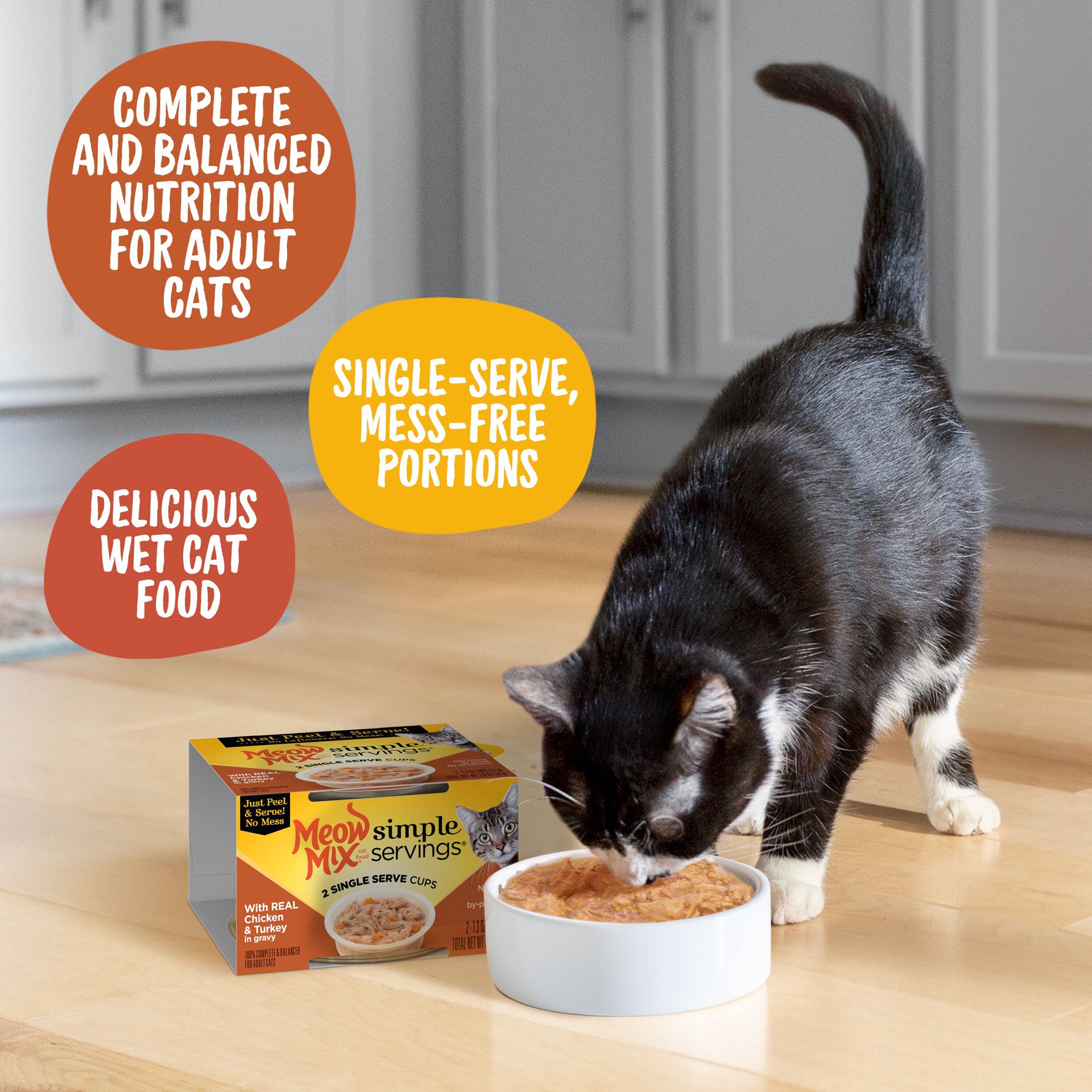 slide 5 of 9, Meow Mix Simple Servings Wet Cat Food with REAL Chicken & Turkey in Gravy, 1.3oz Cups, 2 ct., 2.6 oz