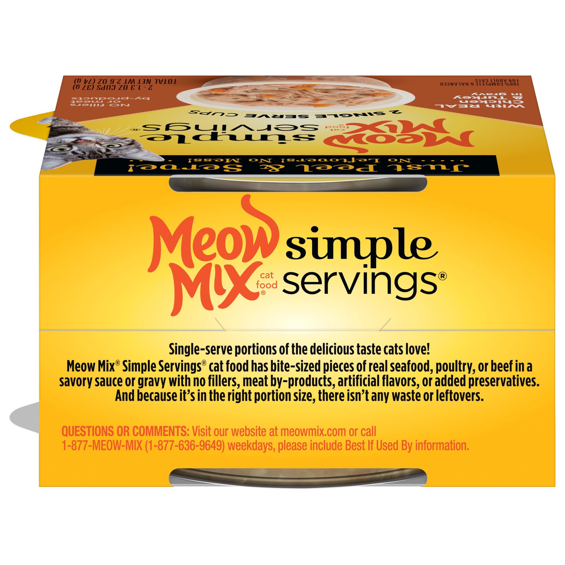slide 7 of 9, Meow Mix Simple Servings Wet Cat Food with REAL Chicken & Turkey in Gravy, 1.3oz Cups, 2 ct., 2.6 oz