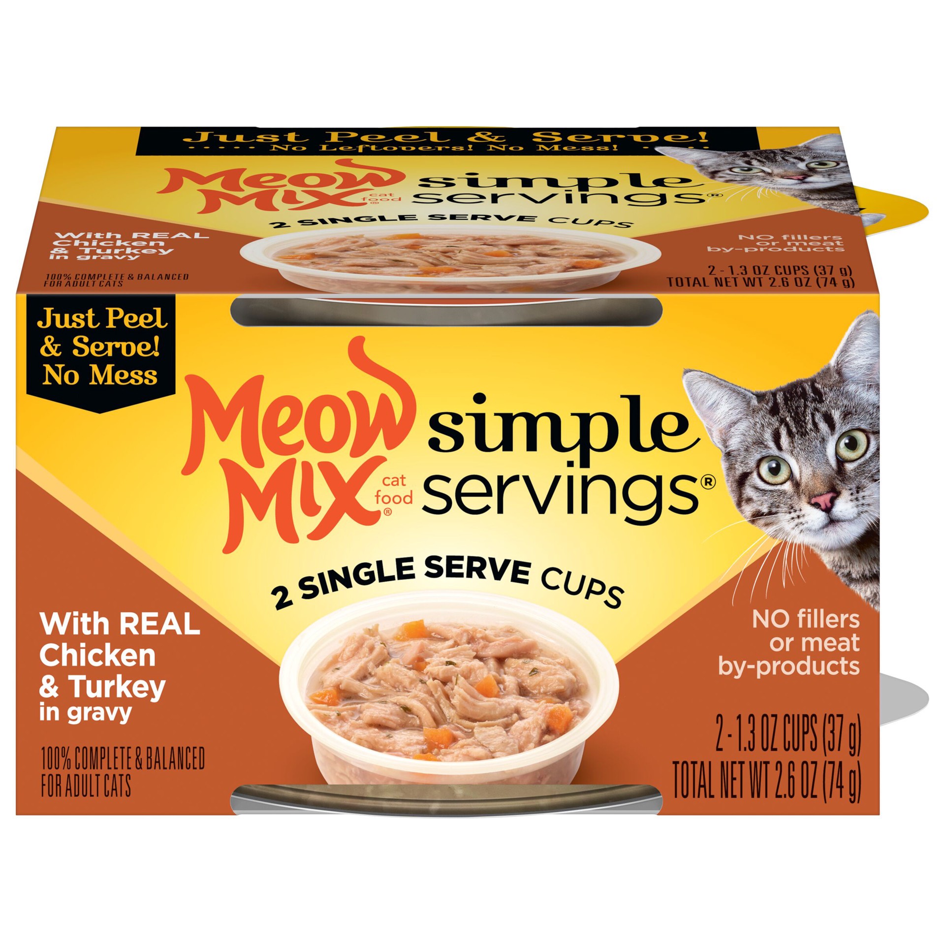 slide 1 of 9, Meow Mix Simple Servings Wet Cat Food with REAL Chicken & Turkey in Gravy, 1.3oz Cups, 2 ct., 2.6 oz