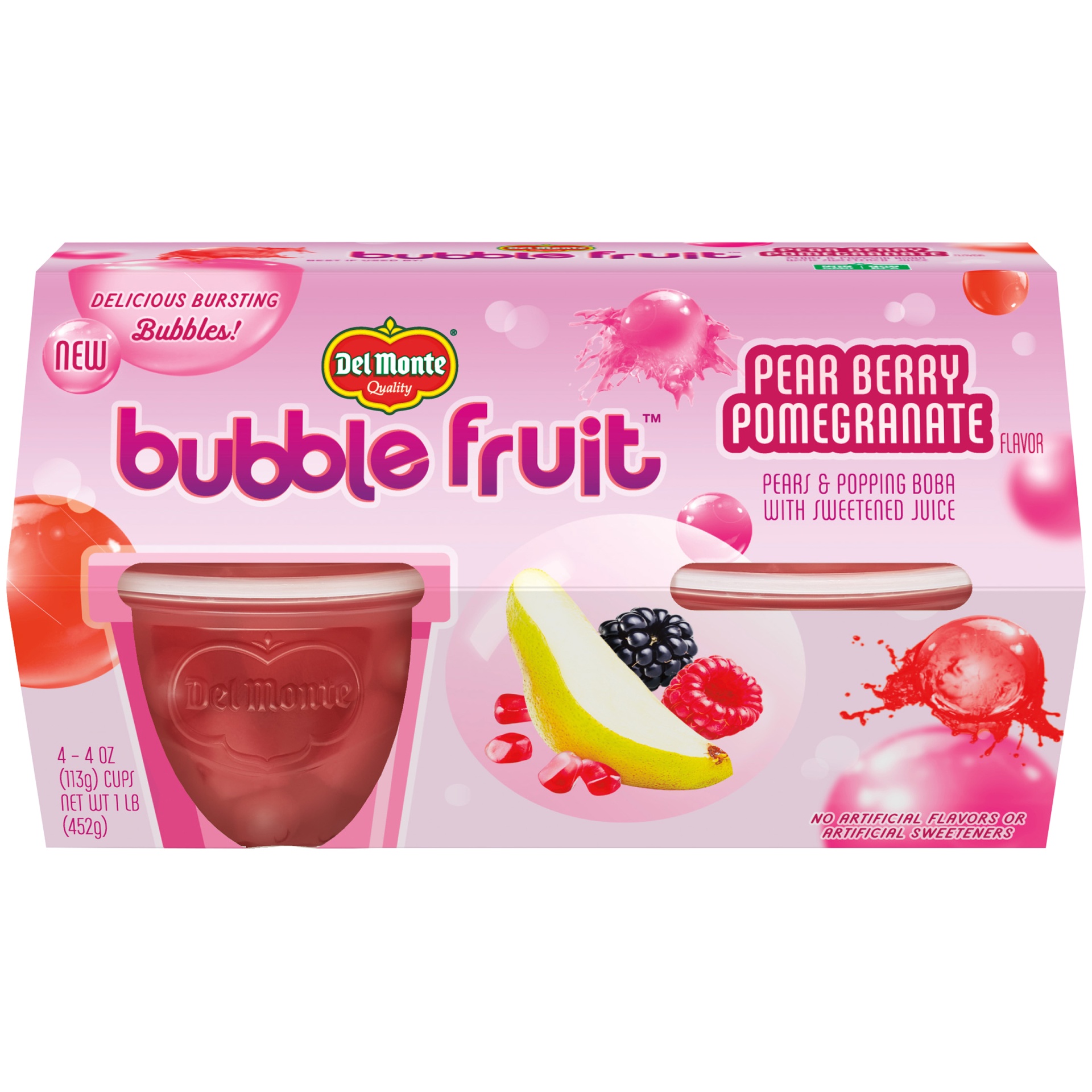 slide 1 of 5, Del Monte Bubble Fruit Pear Berry Pomegrantae Pears Popping Boba In Sweetened Juice Cups 4 Count, 16 oz