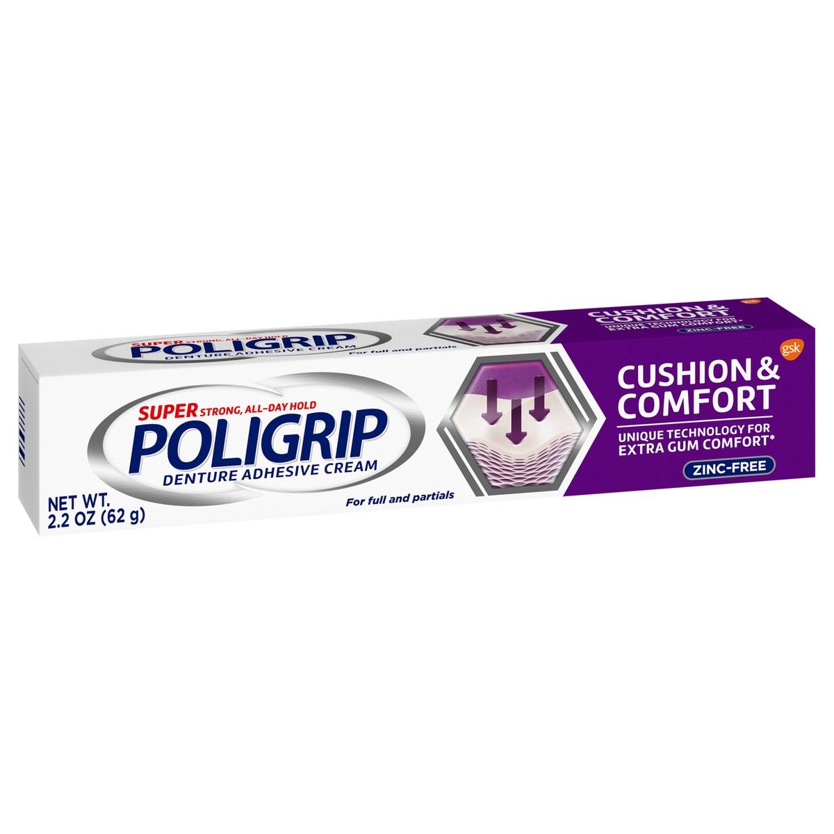 slide 9 of 10, Super Poligrip Poligrip Cushion & Comfort, Denture and Partials Adhesive Cream, 2.2 ounces, 2.2 oz