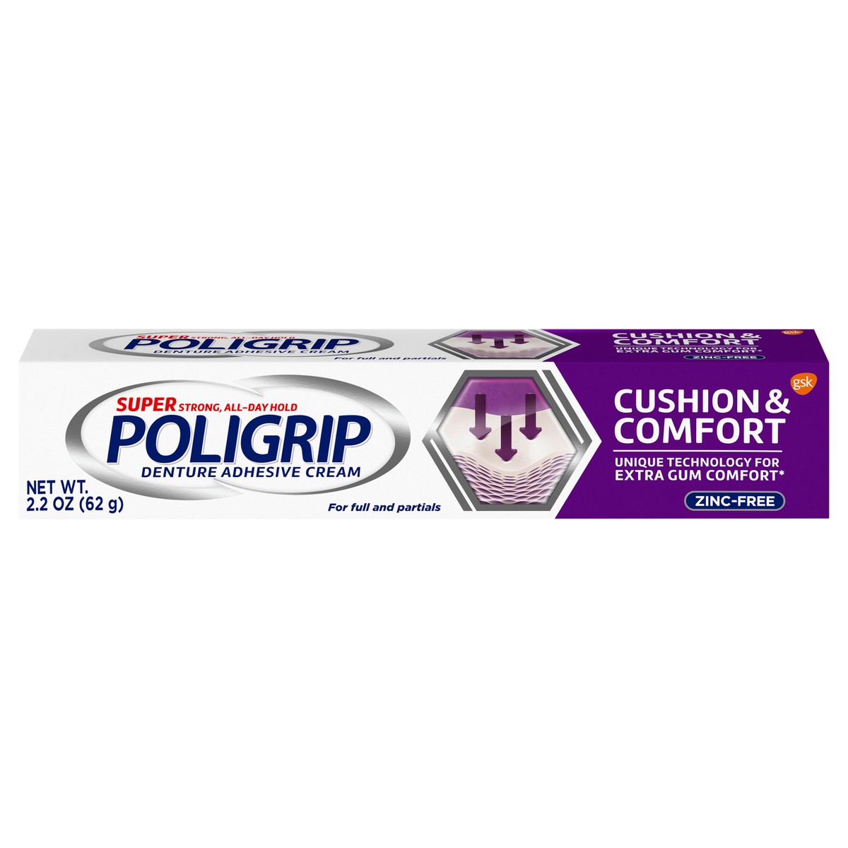 slide 8 of 10, Super Poligrip Poligrip Cushion & Comfort, Denture and Partials Adhesive Cream, 2.2 ounces, 2.2 oz