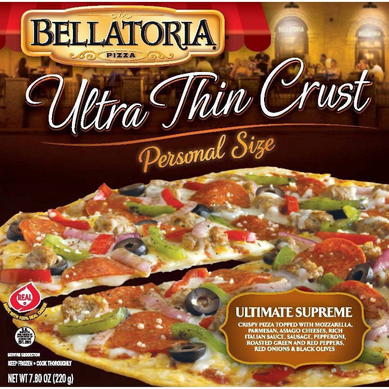 slide 1 of 3, Bellatoria Ultra Thin Crust Ultimate Supreme Pizza, Personal Size, 7.8 oz