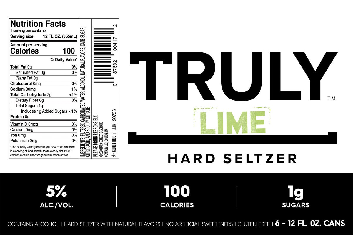 slide 9 of 9, TRULY Hard Seltzer Lime, Spiked & Sparkling Water (12 fl. oz. Can, 6pk.), 6 ct; 12 oz