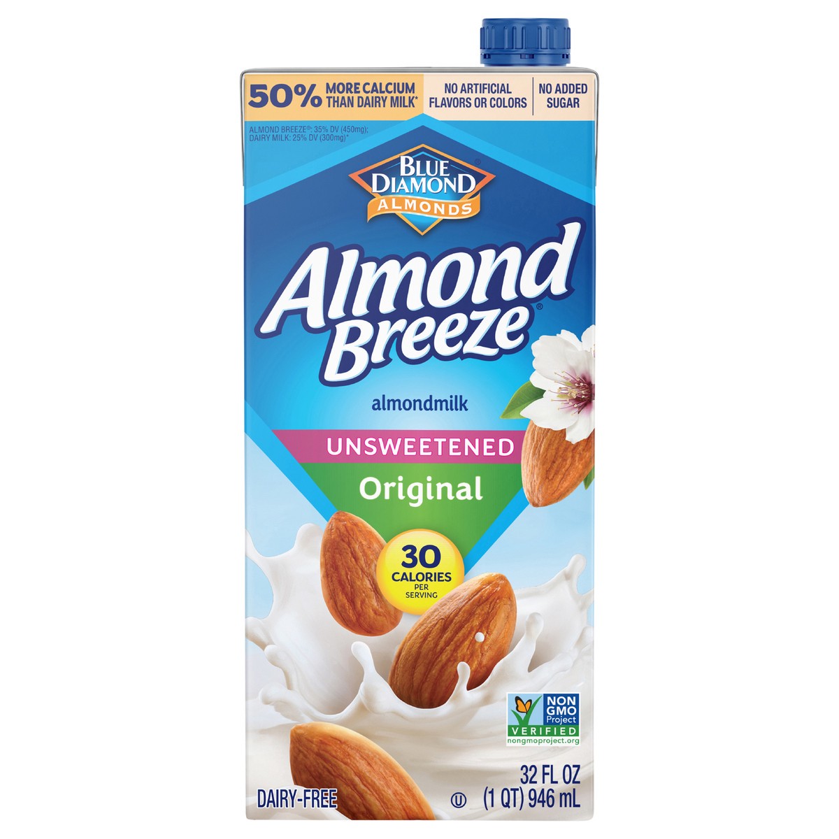 slide 1 of 3, Blue Diamond Almond Breeze Unsweetened Original Shelf-Stable Almondmilk, 32 oz, 32 fl oz