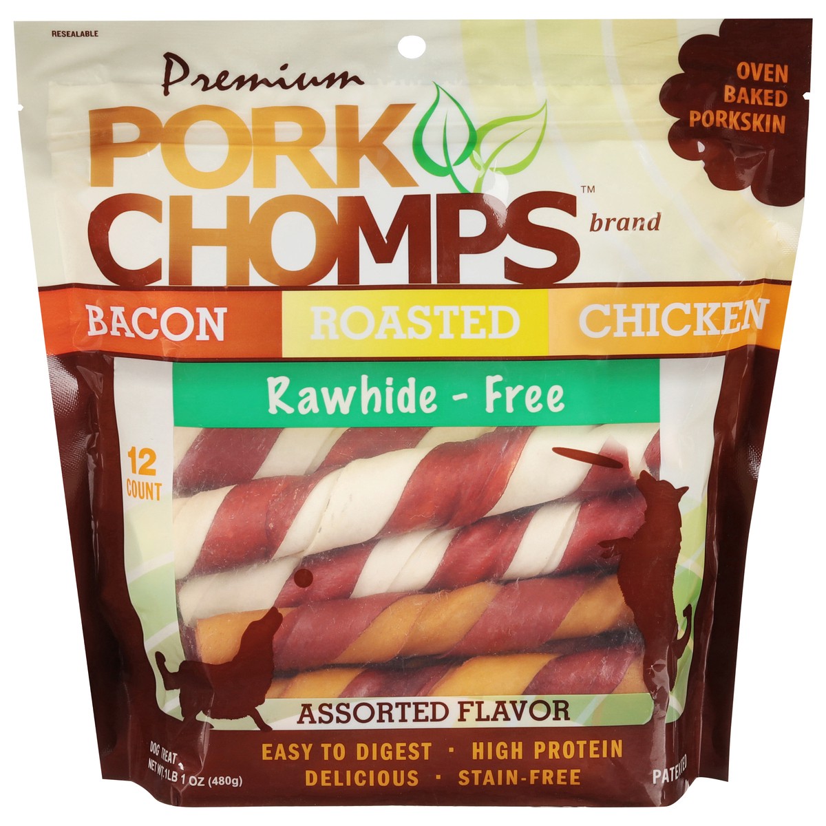 slide 1 of 9, Pork Chomps Rawhide-Free Premium Roasted Assorted Flavor Dog Treat 17 oz, 17 oz