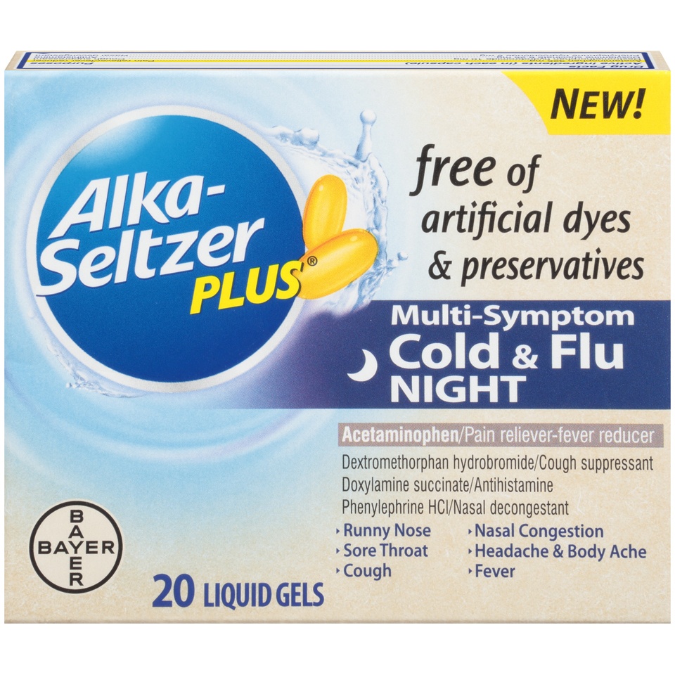 slide 1 of 1, Alka-Seltzer Plus Night Cold & Flu Multi-Symptom Relief Liquid Gels, 20 ct