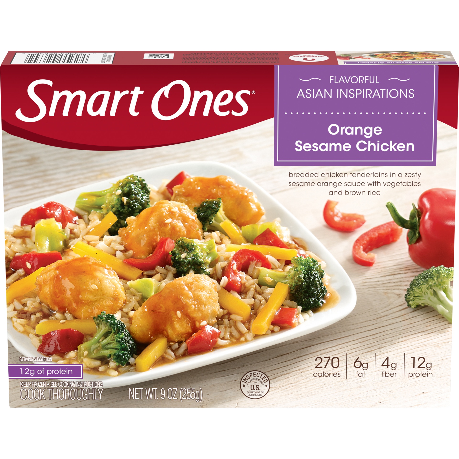 slide 1 of 1, Smart Ones Orange Sesame Chicken with Zesty Orange Sesame Sauce, Vegetables & Brown Rice Frozen Meal, 9 oz