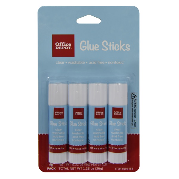 slide 1 of 1, Office Depot Brand Glue Sticks, 0.32 Oz, Clear, Pack Of 4 Glue Sticks, 4 ct