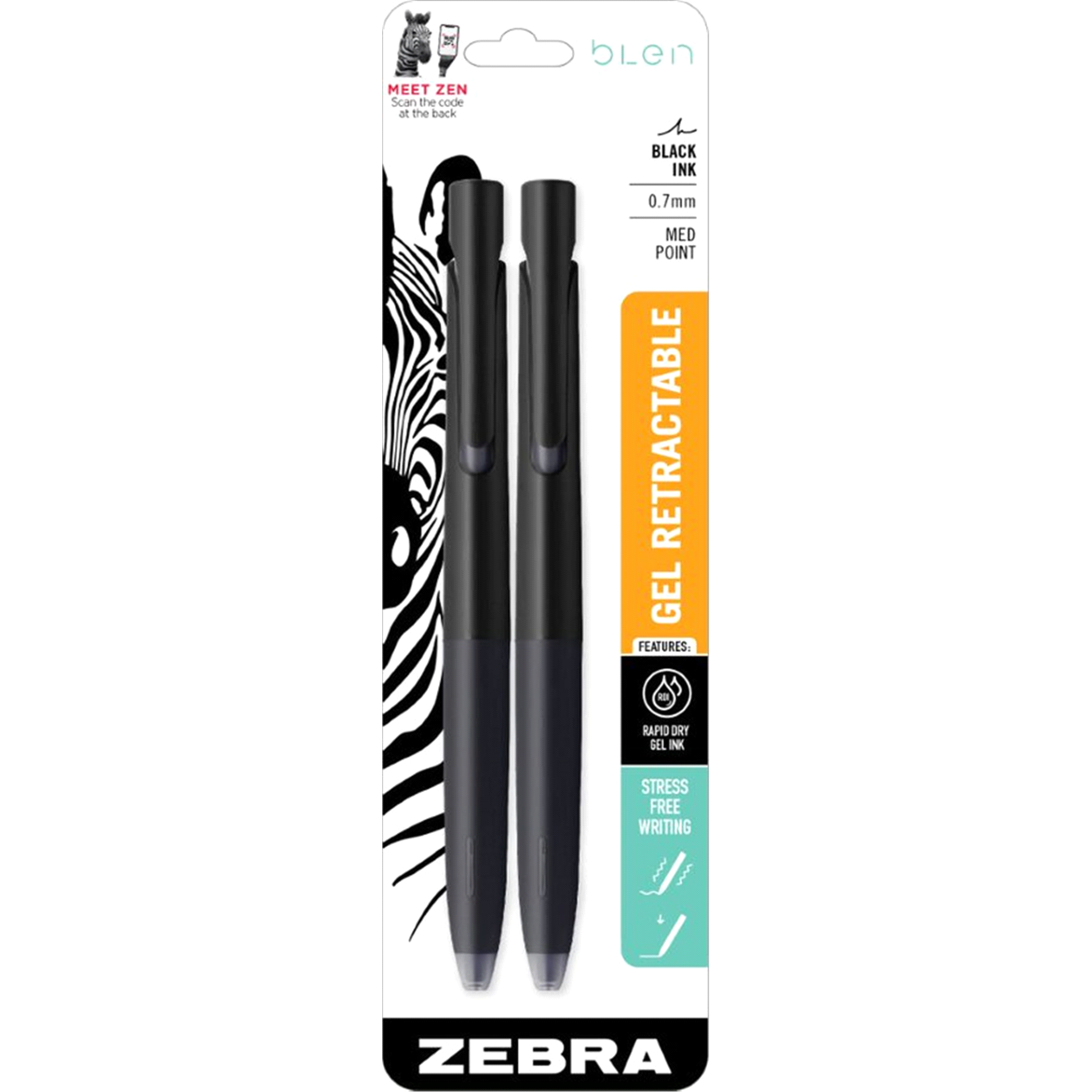 slide 1 of 1, Zebra Blen Gel Medium Point Retractable Pens - Black, 2 ct