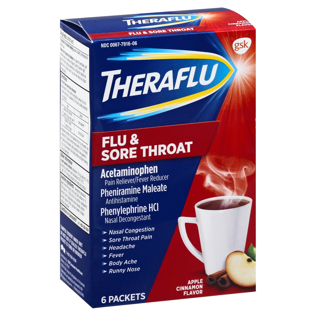 slide 3 of 9, Theraflu Packets Apple Cinnamon Flavor Flu & Sore Throat 6 ea, 6 ct