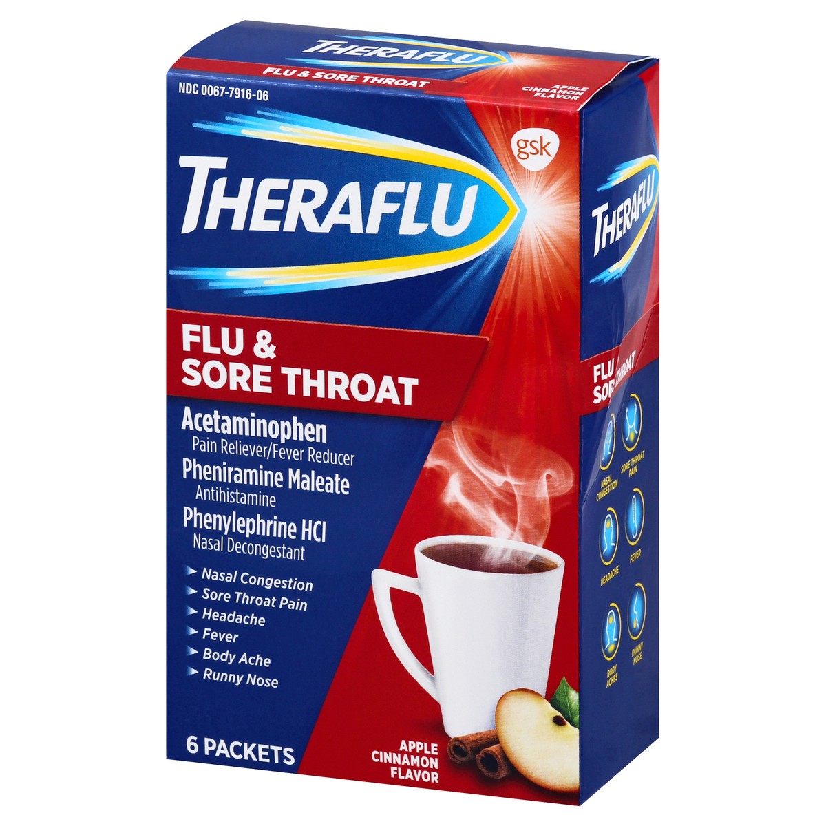 slide 7 of 9, Theraflu Packets Apple Cinnamon Flavor Flu & Sore Throat 6 ea, 6 ct