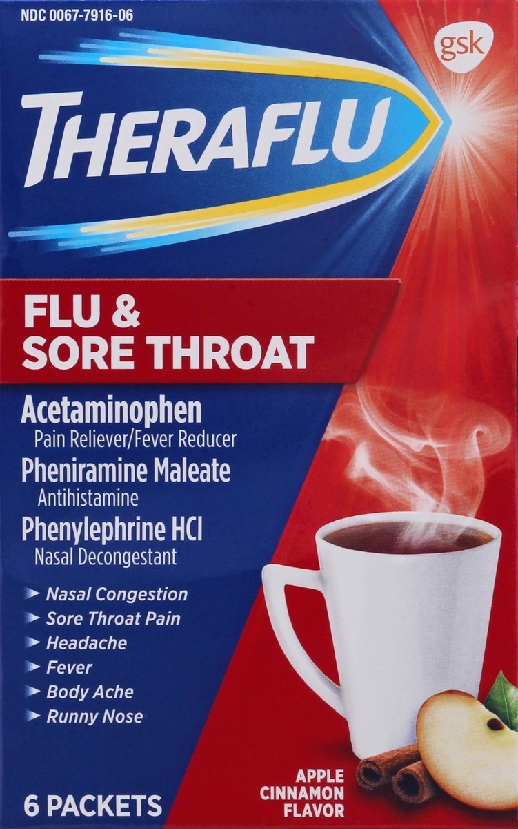 slide 4 of 9, Theraflu Packets Apple Cinnamon Flavor Flu & Sore Throat 6 ea, 6 ct