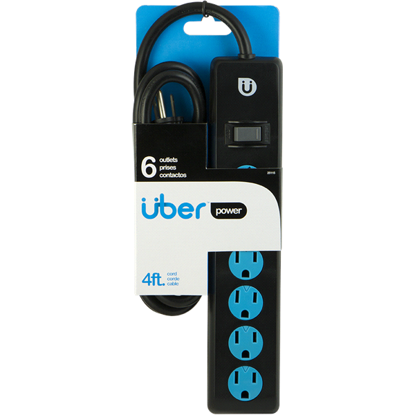 slide 1 of 4, Uber 6-Outlet Power Strip, 4-Foot Cord, Blue and Black, 1 ct