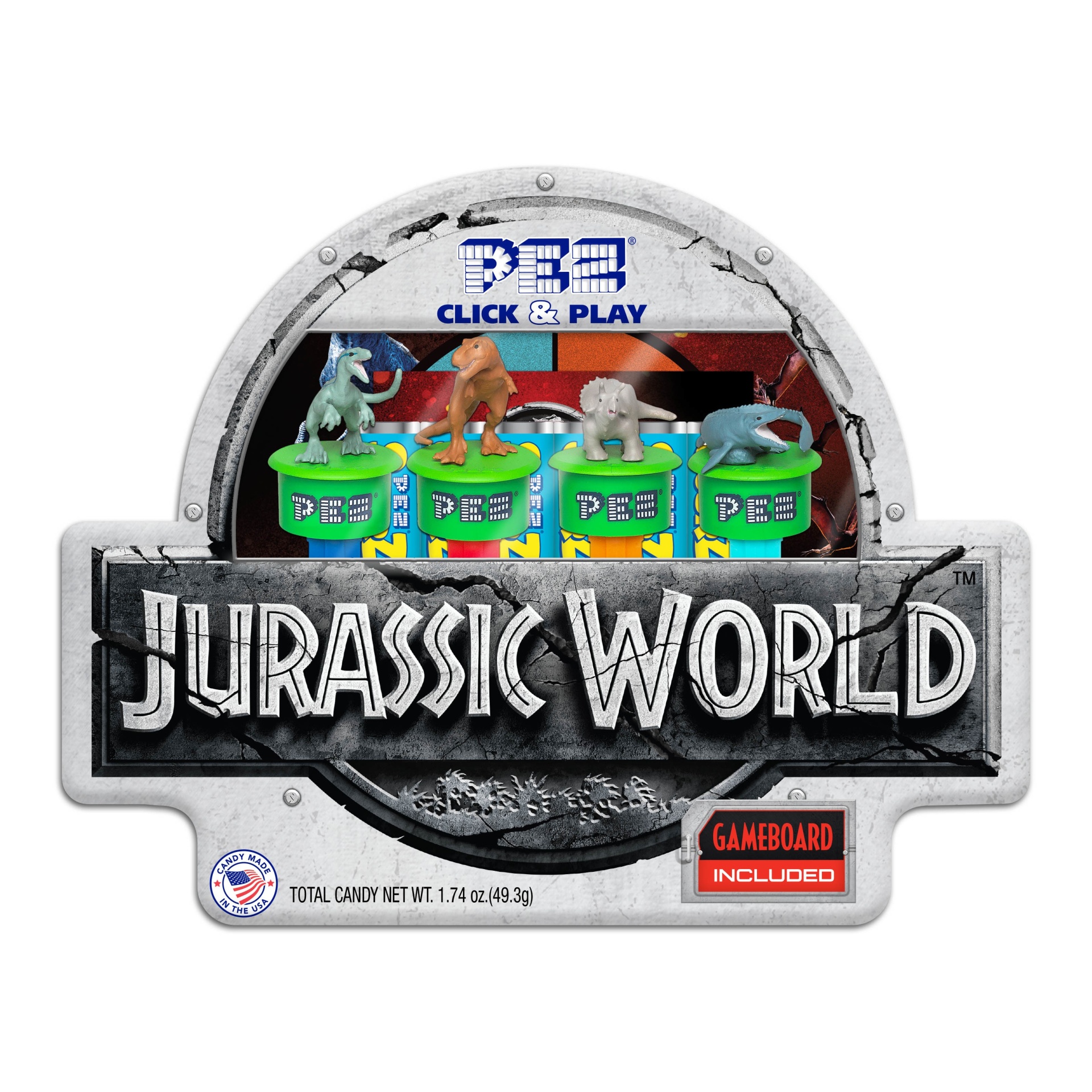 slide 1 of 1, PEZ Jurassic World Click & Play Christmas Gift Tin, 1.74 oz