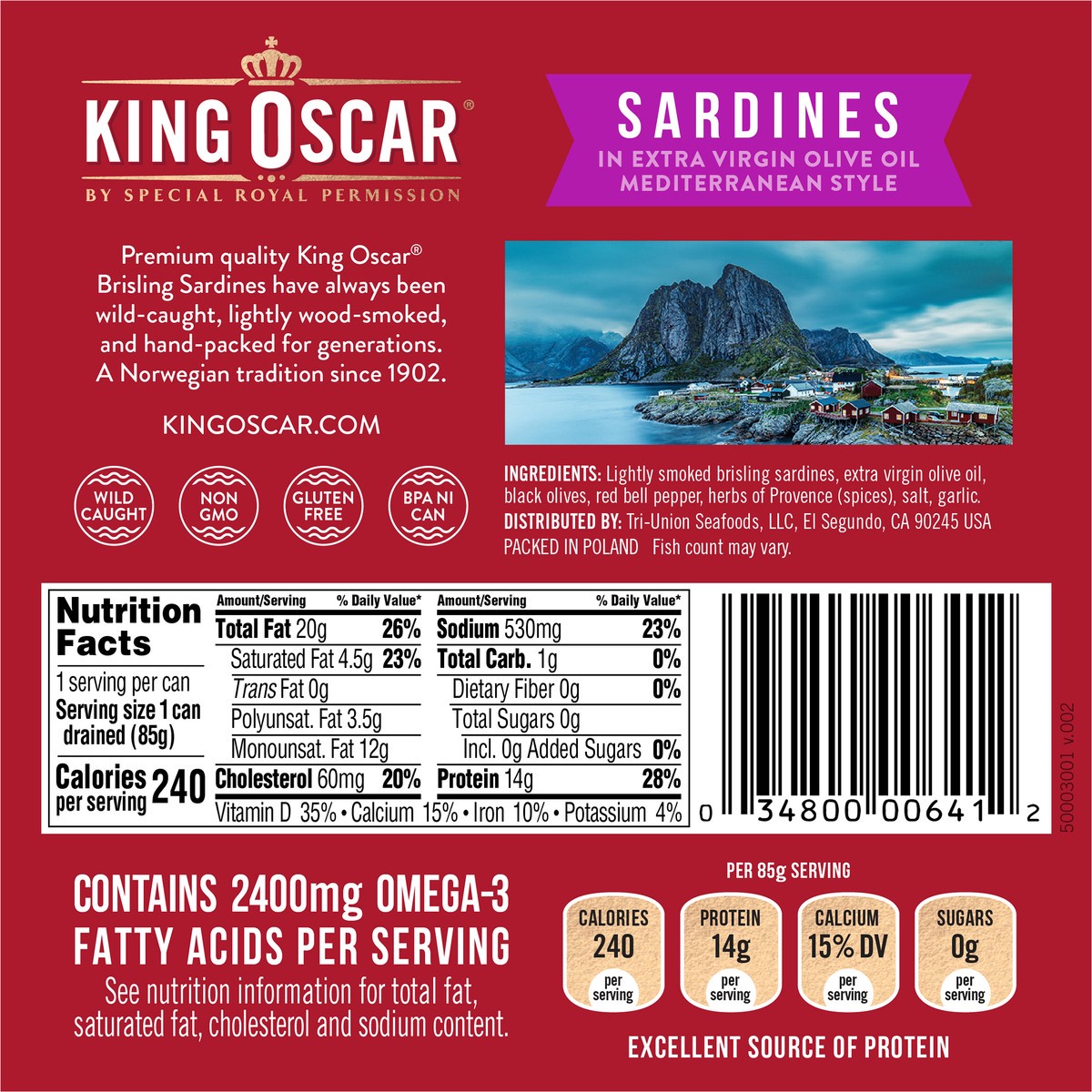 slide 2 of 3, King Oscar Wild Caught Mediterranean Style Sardines in Extra Virgin Olive Oil, 3.75 oz