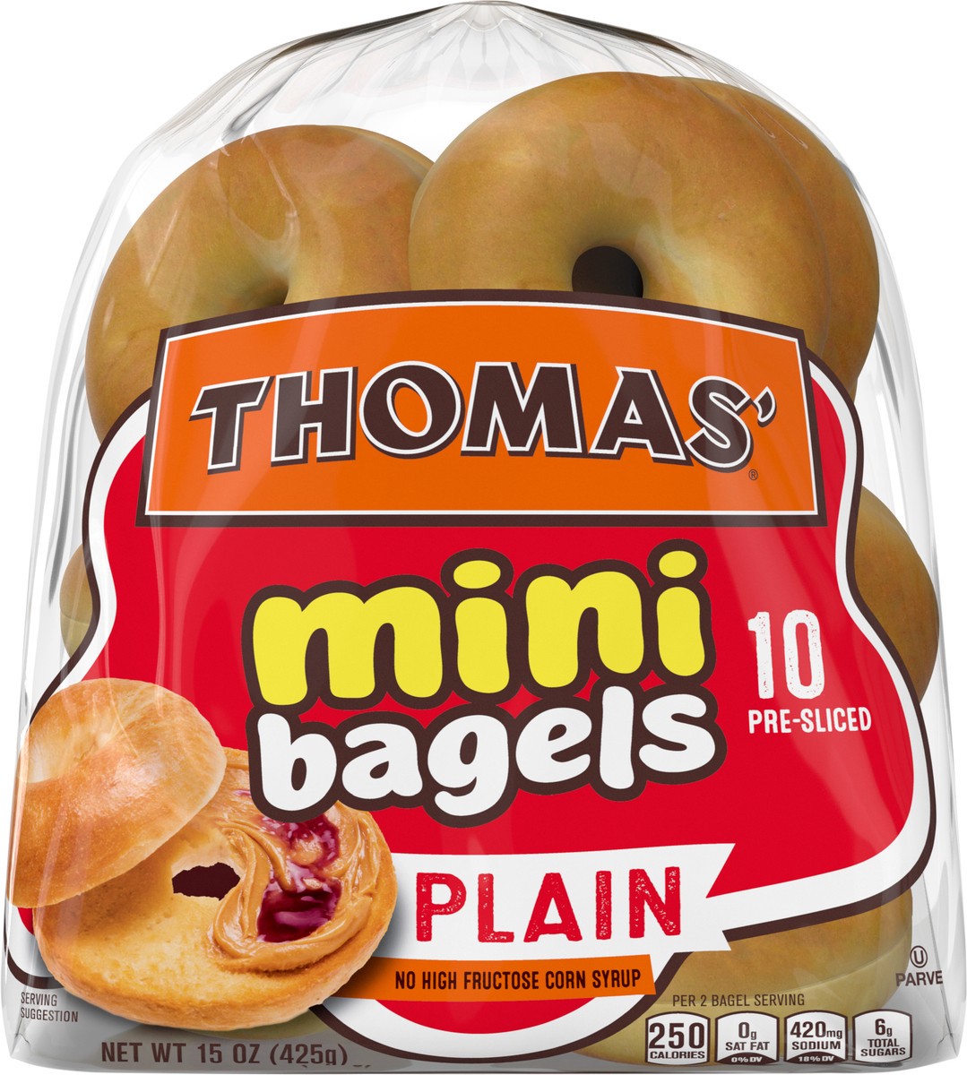 slide 6 of 9, Thomas' Plain Mini Bagels, 10 count, 15 oz, 10 ct