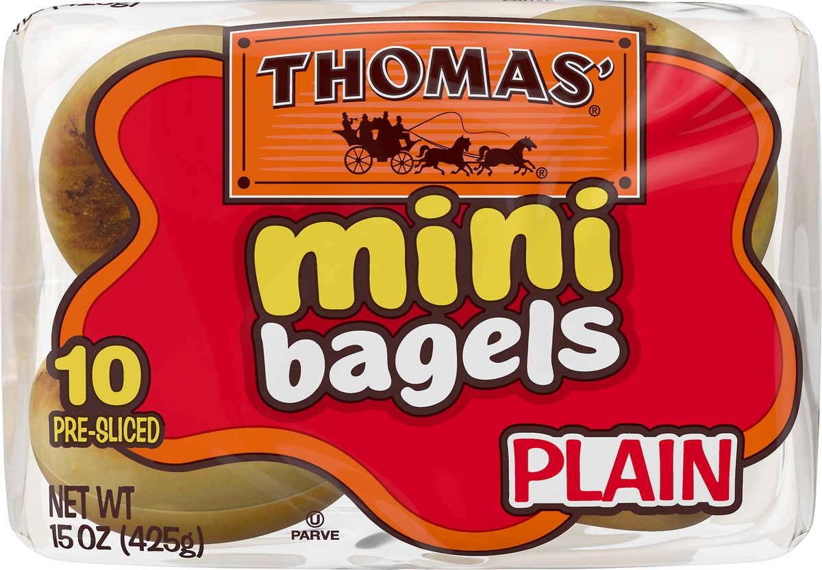 slide 6 of 8, Thomas' Plain Mini Pre-Sliced Bagels, 10 ct