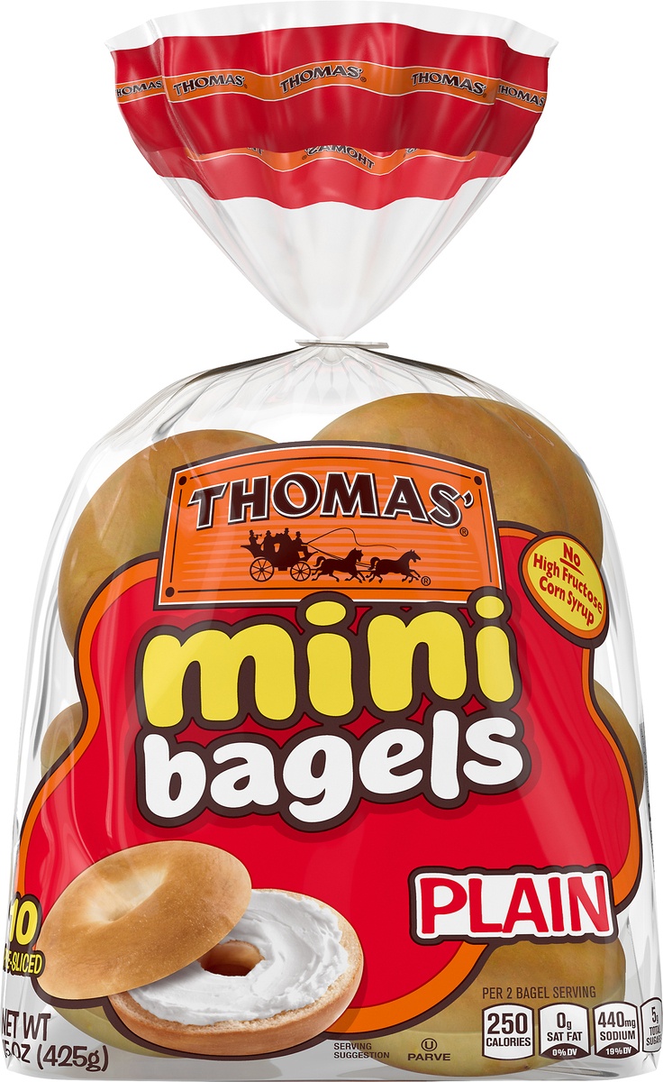 slide 7 of 8, Thomas' Plain Mini Pre-Sliced Bagels, 10 ct