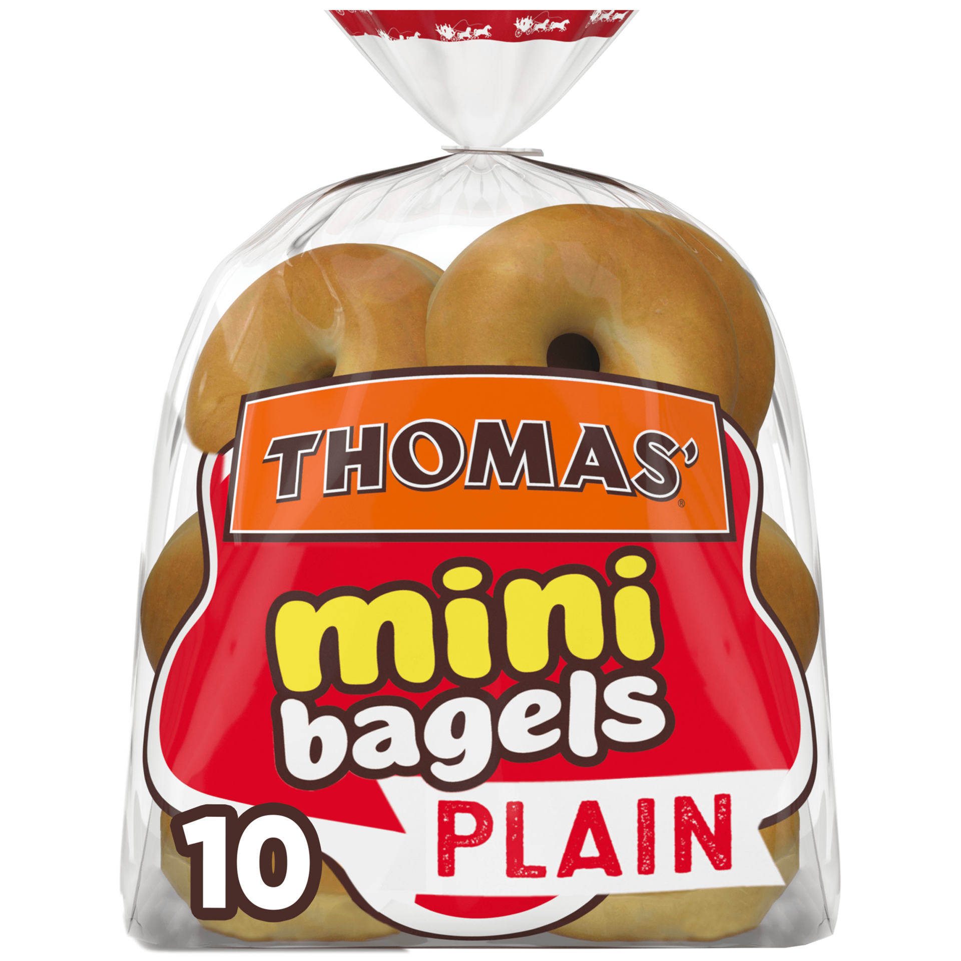 slide 1 of 9, Thomas' Plain Mini Bagels, 10 count, Soft Pre-sliced Bagels, 15 oz Bag, 10 ct