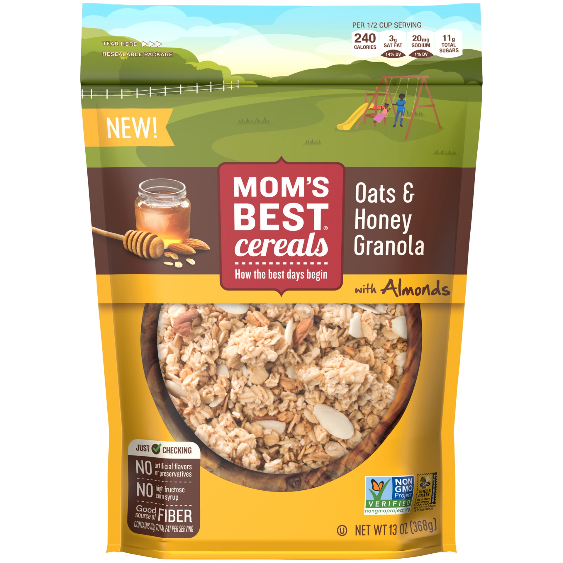 slide 1 of 1, Mom's Best Oats and Honey Granola, Whole Grain, Non-GMO Project Verified, Kosher, No High Fructose Corn Syrup, 13 oz