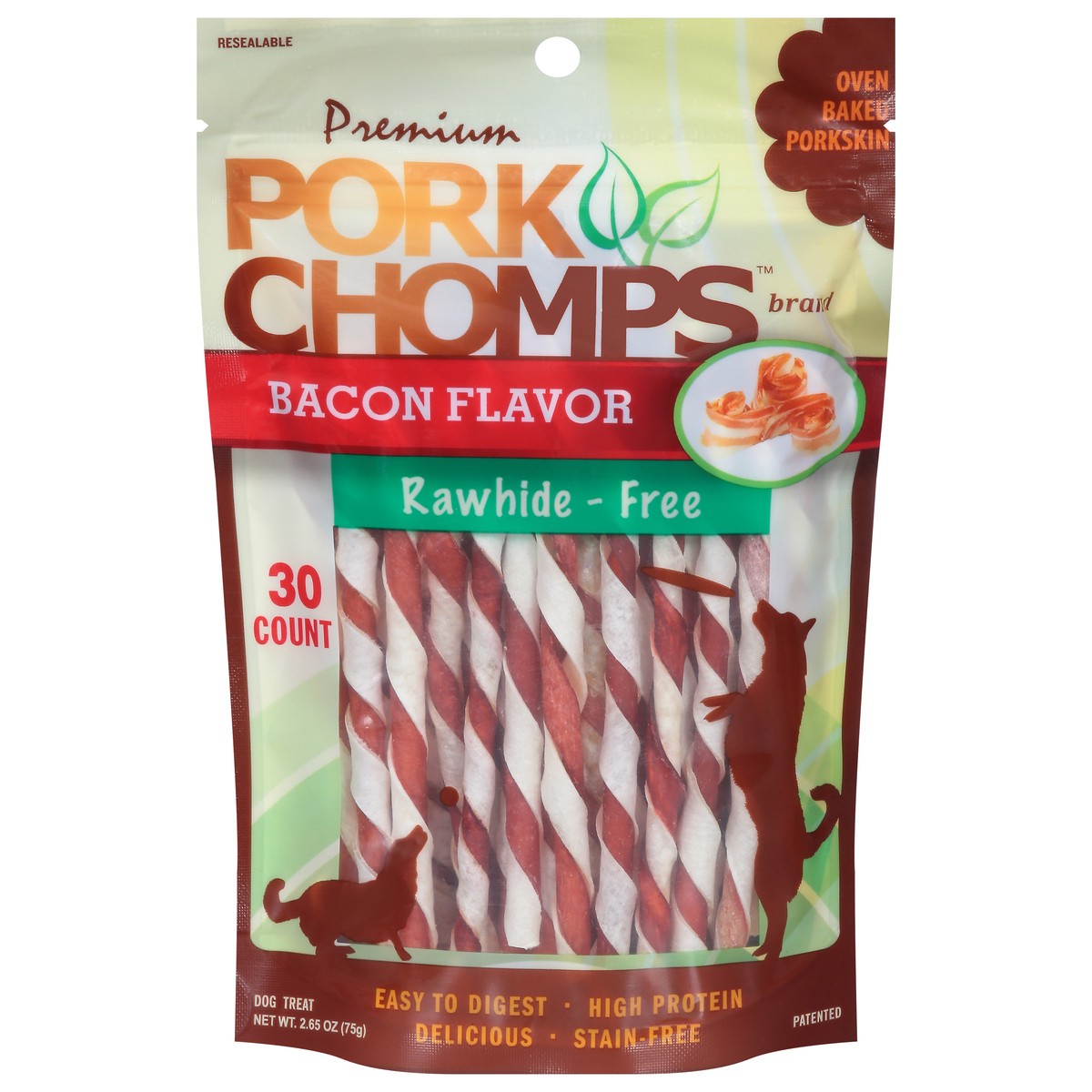 slide 1 of 3, Pork Chomps Rawhide - Free Bacon Flavor Dog Treats 30 ea, 30 ct