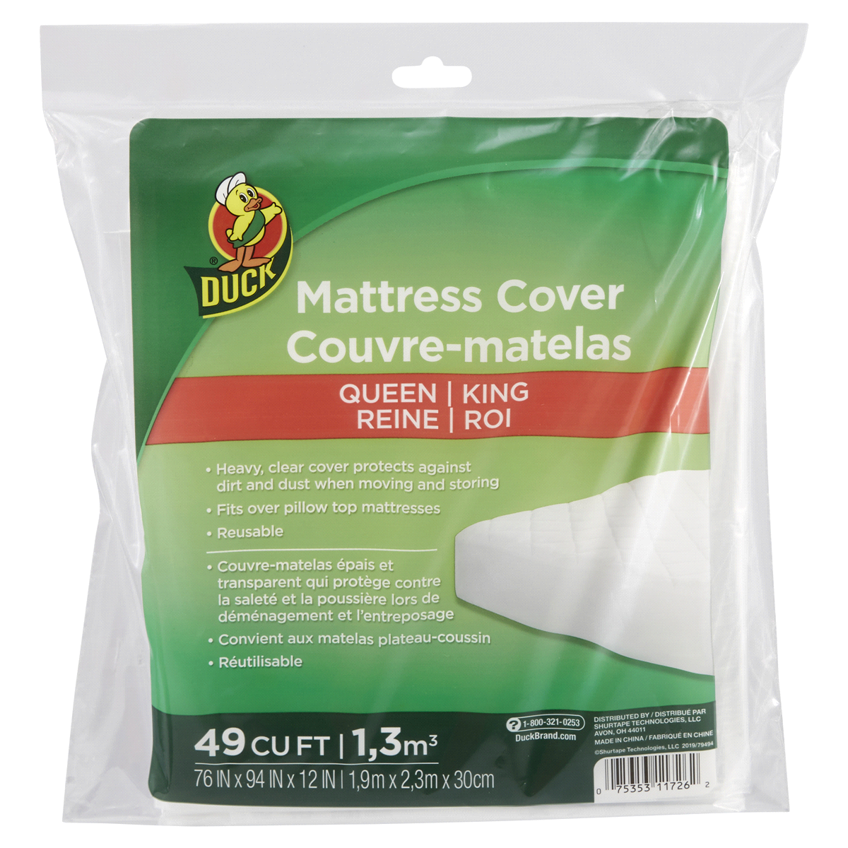 slide 1 of 1, Duck Plastic Storing And Moving Mattress Cover - Clear - Queen/King, 1 ct