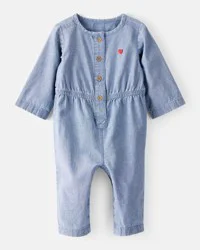 Carters Baby Girl Heart Chambray Long-Sleeve Denim Jumpsuit - Blue Blue 24M