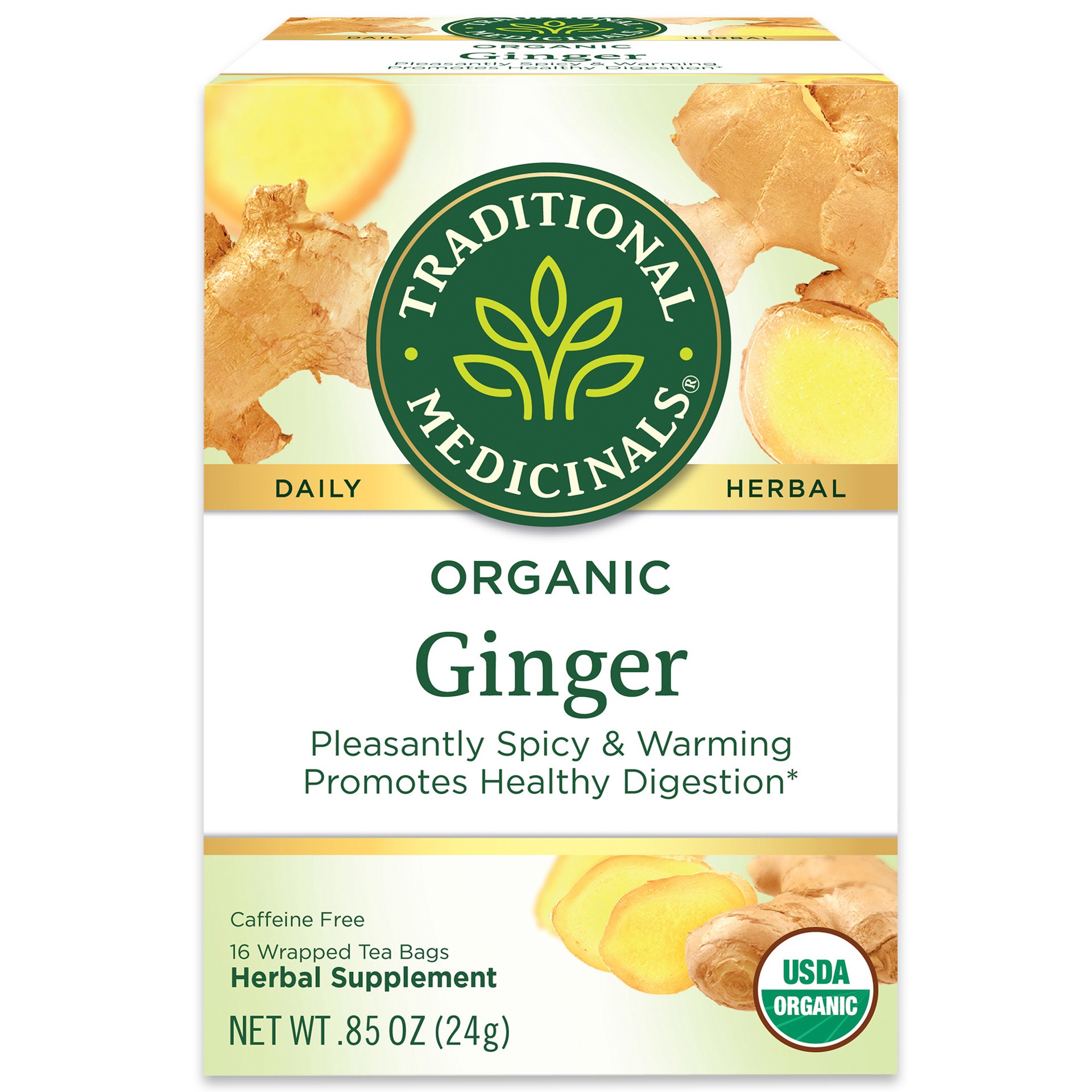 slide 1 of 1, Traditional Medicinals Organic Ginger, Caffeine Free Herbal Tea, 16 ct