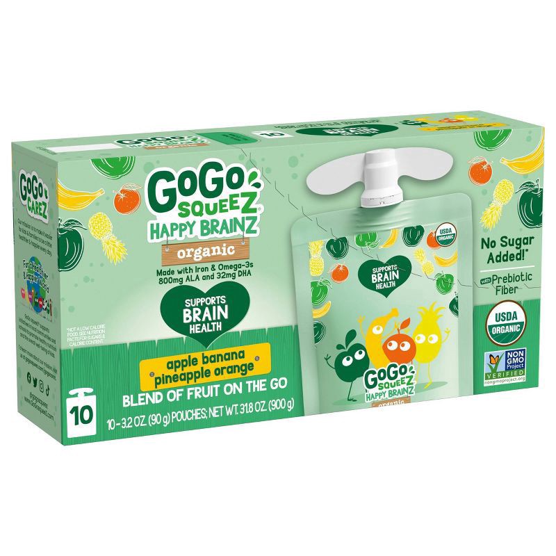 slide 4 of 8, GoGo squeeZ Happy Brainz Banana Pineapple Orange Snack Pouch, 10 ct