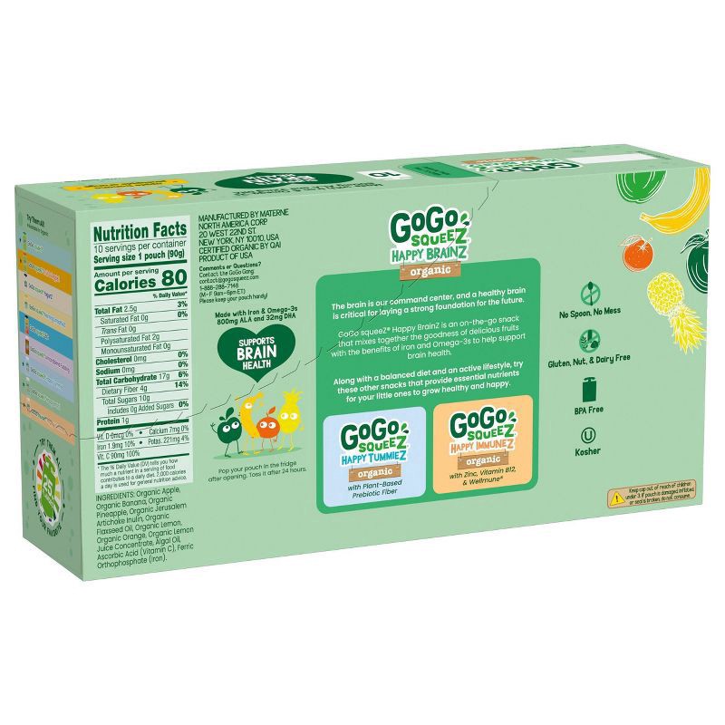 slide 2 of 8, GoGo squeeZ Happy Brainz Banana Pineapple Orange Snack Pouch, 10 ct