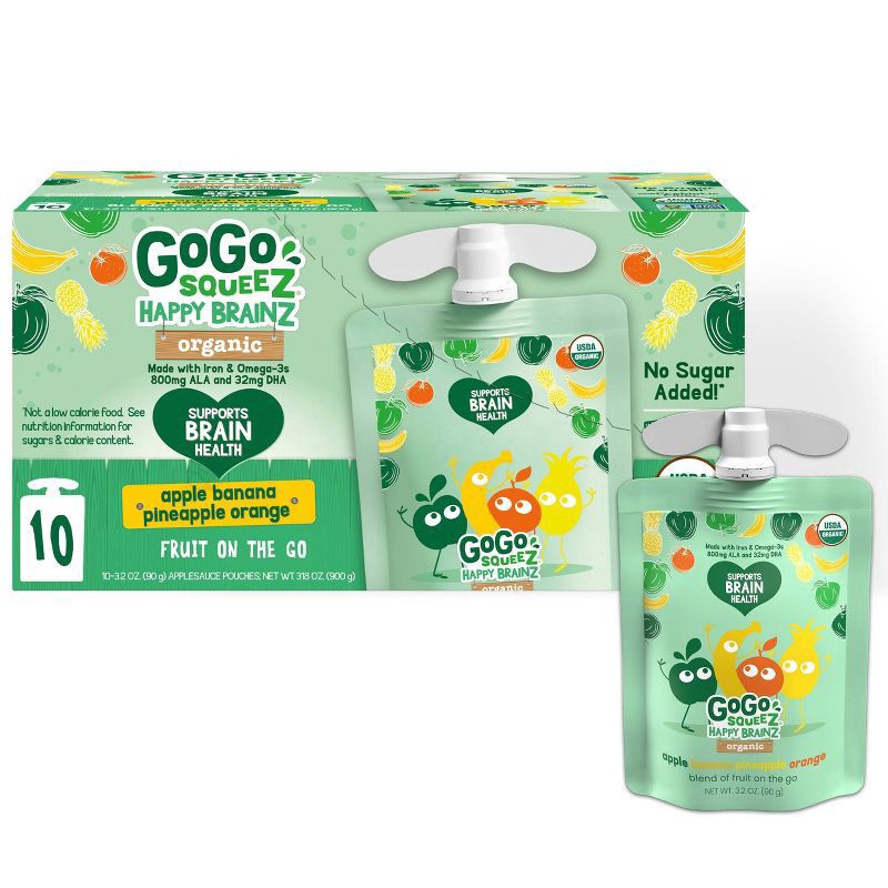slide 1 of 8, GoGo squeeZ Happy Brainz Banana Pineapple Orange Snack Pouch, 10 ct