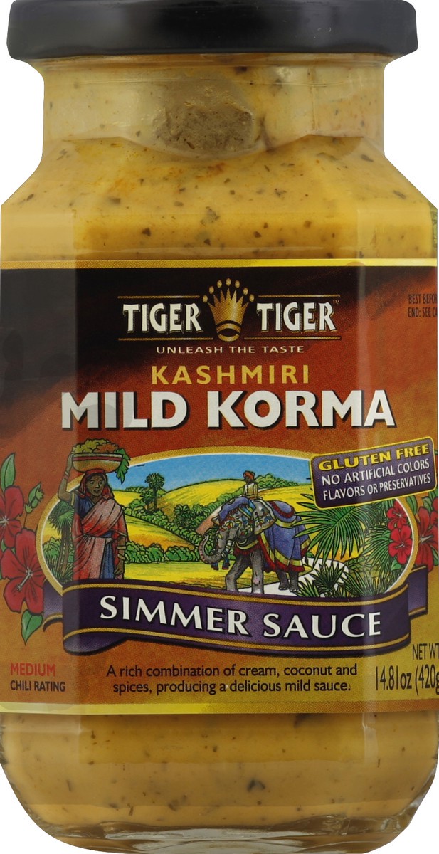 slide 2 of 2, Tiger Tiger Simmer Sauce, Kashmiri Mild Korma, Medium Chili Rating, 14.81 oz