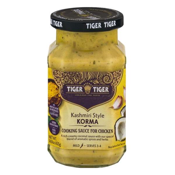 slide 1 of 2, Tiger Tiger Simmer Sauce, Kashmiri Mild Korma, Medium Chili Rating, 14.81 oz