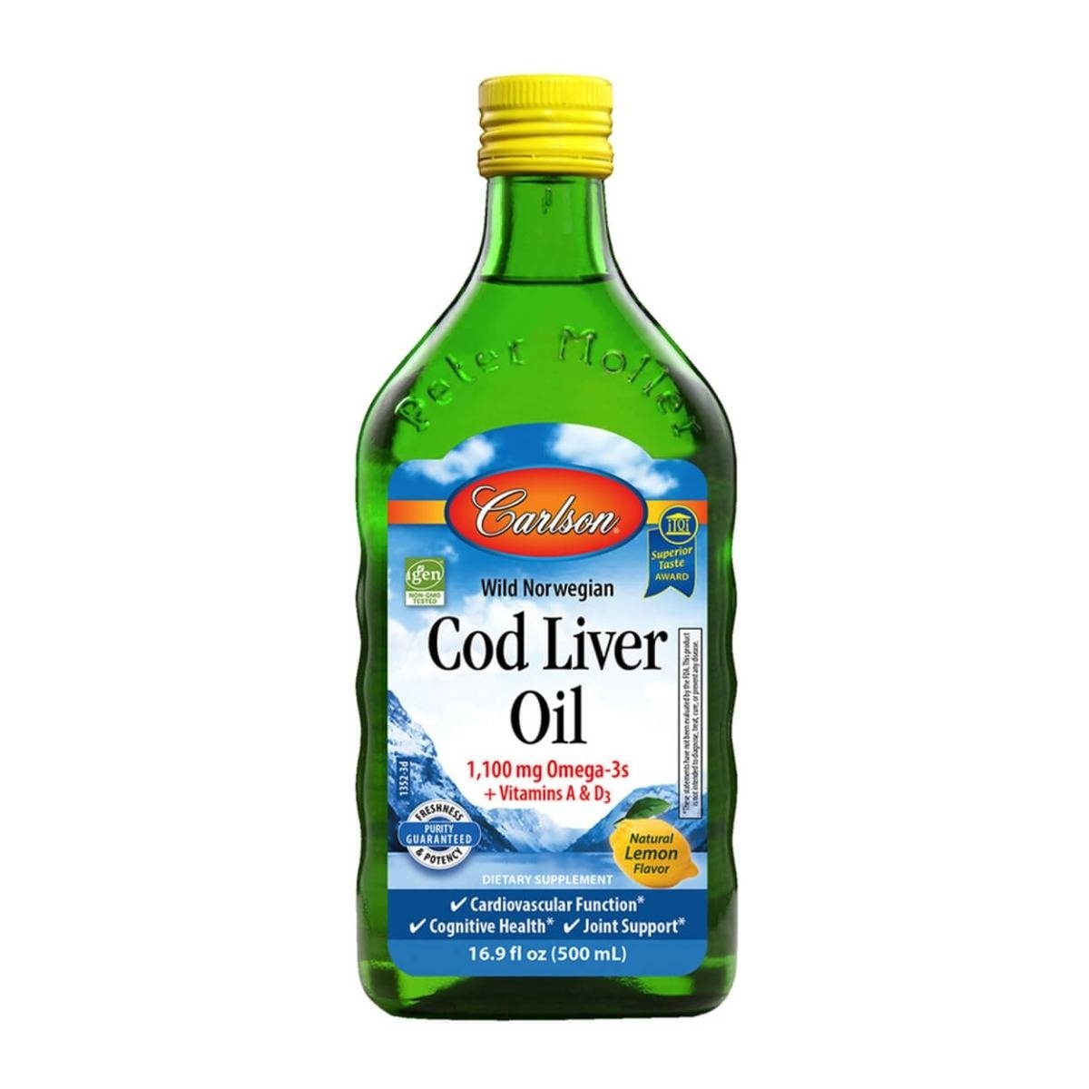 slide 1 of 1, Carlson Lemon Flavor Norwegian Cod Liver Oil, 16.9 fl oz