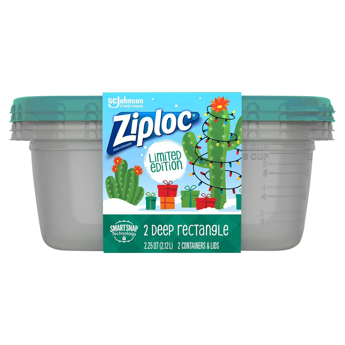 slide 1 of 1, Ziploc Food Storage Containers, Deep Rectangle, Holiday Green, 2 containers + lids, 2 ct