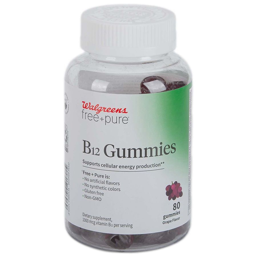 slide 1 of 5, Walgreens Free & Pure Energy B12 1000 mcg Adult Gummy Grape, 80 ct