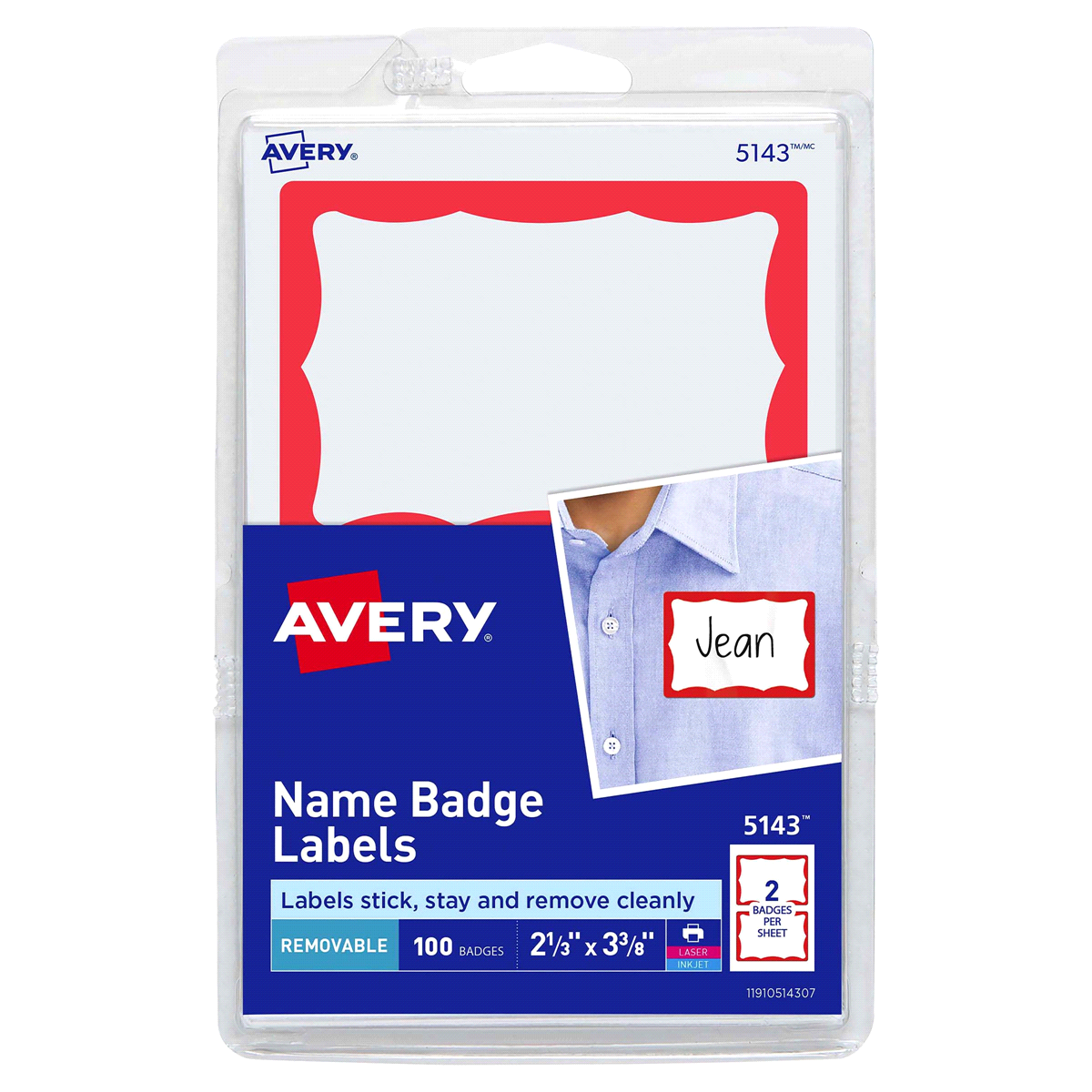 slide 1 of 1, Avery Print or Write Name Badge Labels with Red Border 5143, 1 ct