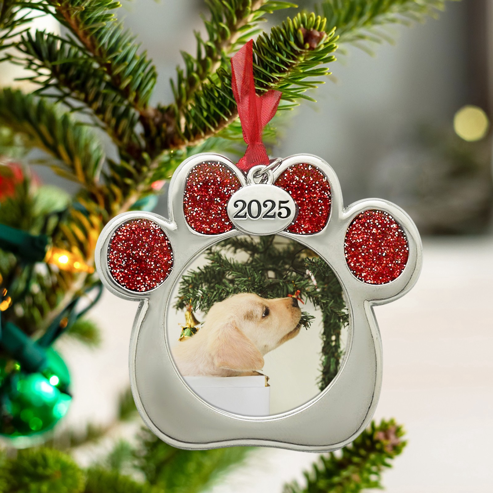 slide 3 of 3, 2" X 2" Silver & Red Paw 2025 Metal Ornament Frame By Studio Decor, 2 in x 2 in