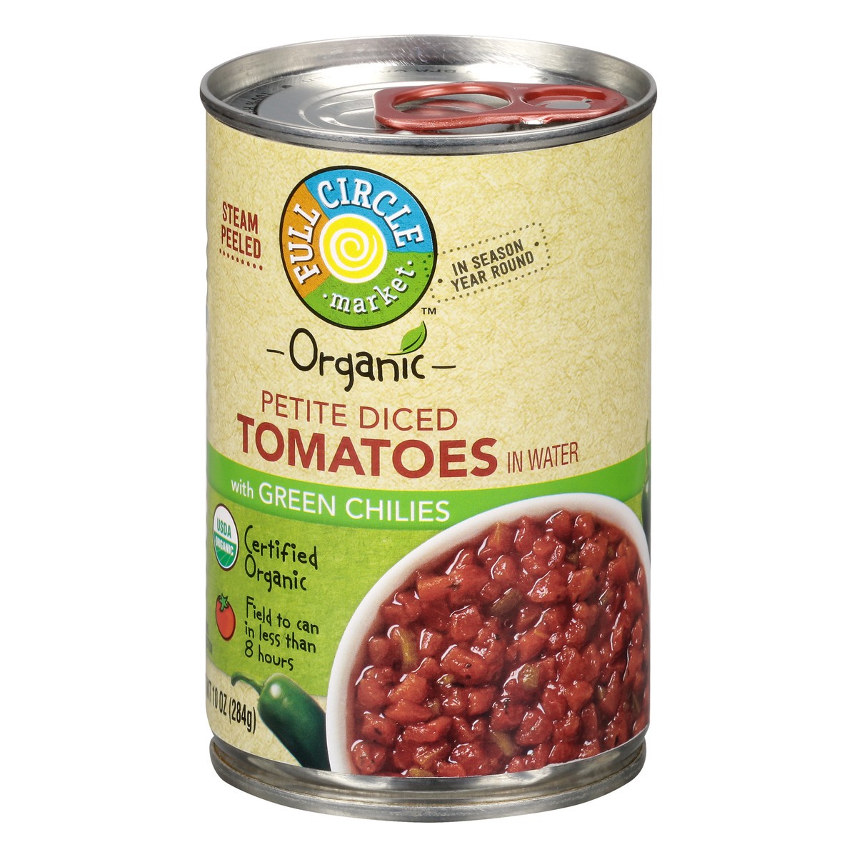 slide 5 of 14, Full Circle Market Organic Petite Diced with Green Chilies Tomatoes in Water 10 oz, 10 oz